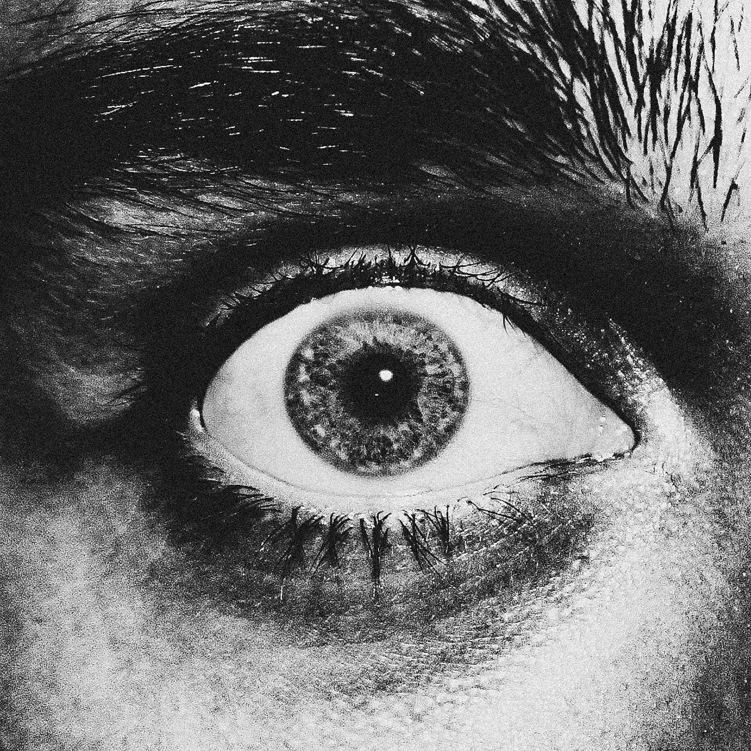 A black and white photo of a man's eye